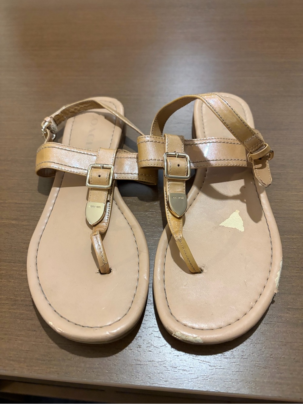 Coach Women's Tan Leather T-Strap Sandals with Gold Buckle